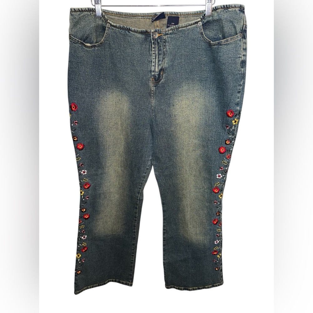 Vintage Route 66 Jeans Womens 20W PLUS Blue Denim Flare Flowers Boho Y2K